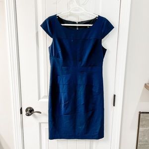 Cynthia Steffe Navy Cap Sleeve Asymmetrical Design Sheath Dress Size 8